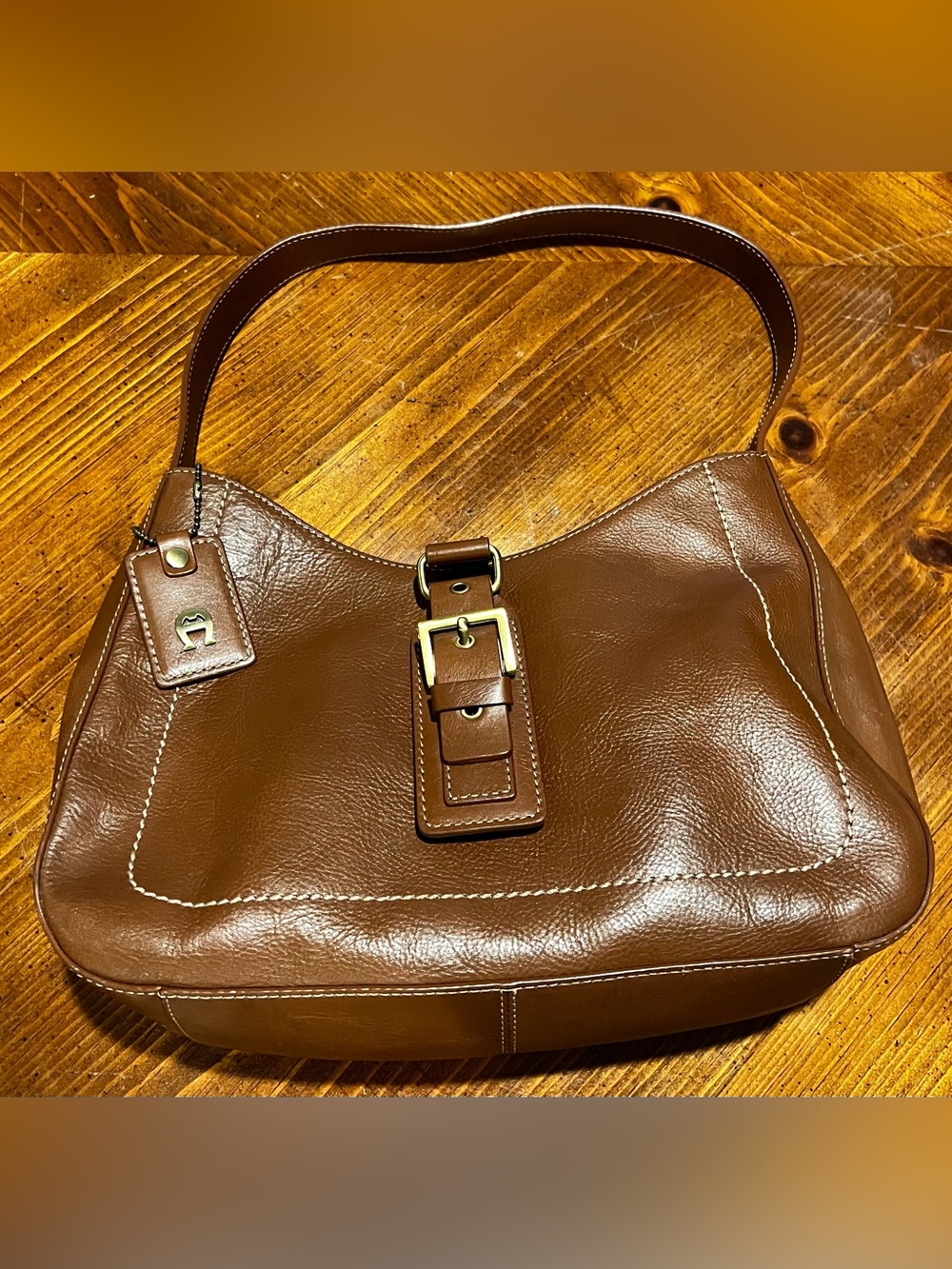 Etienne Aigner Cognac Brown Leather Hobo Shoulder Bag Gold Buckle Hardware